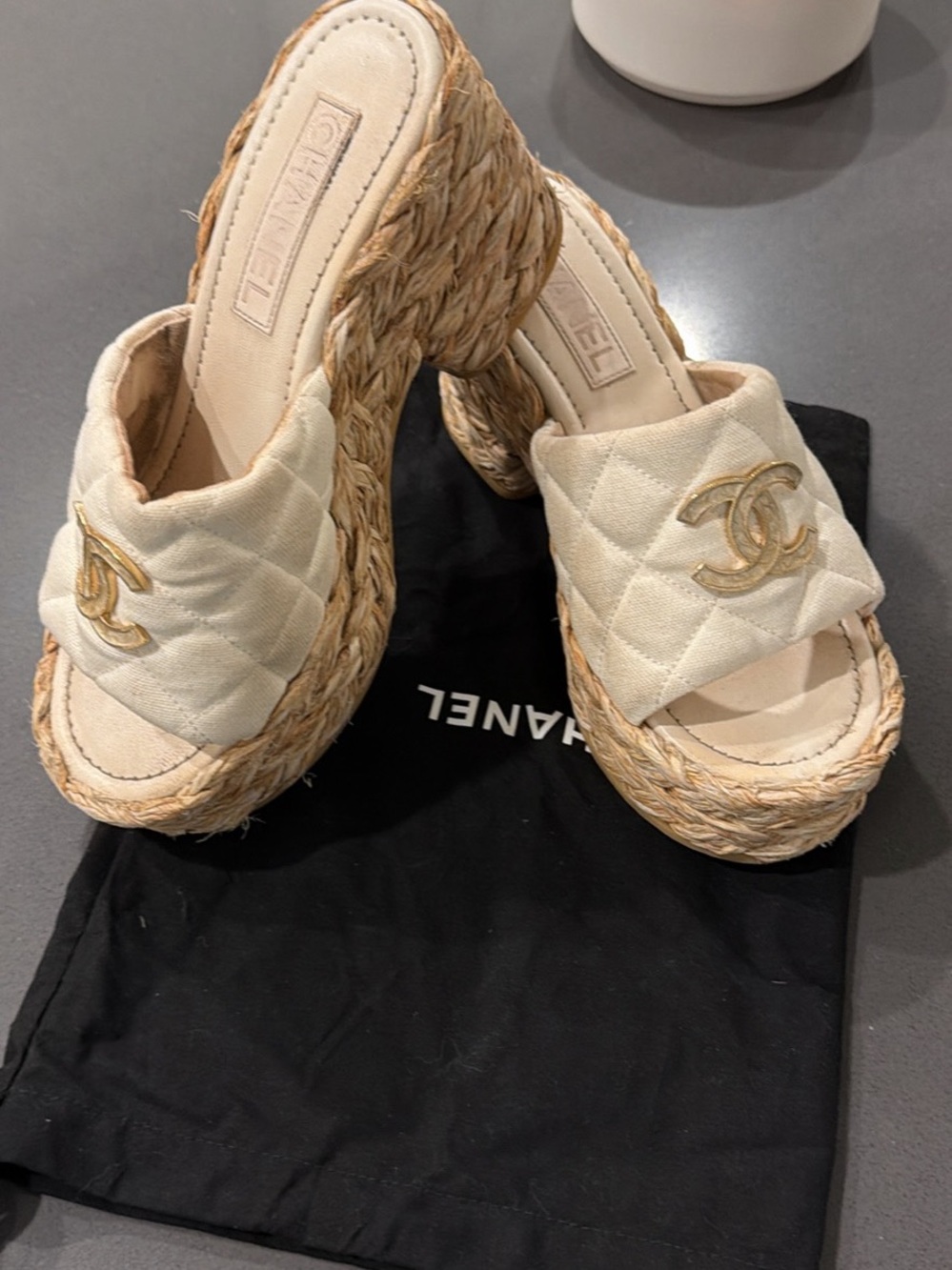 CHANEL Cream Quilted Espadrille Wedge Slides with Gold CC